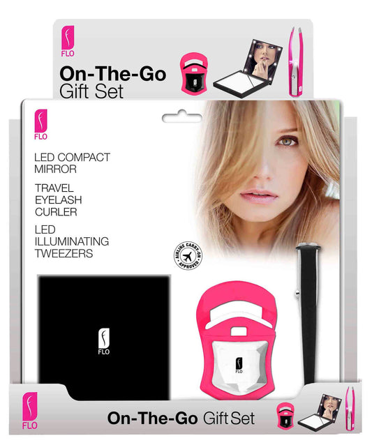 Flo On The Go Set 3 Pc 15 Per Counter Shelf Display Unit Led Tweezers Led Compact Mirror Mini Eye Lash Curler